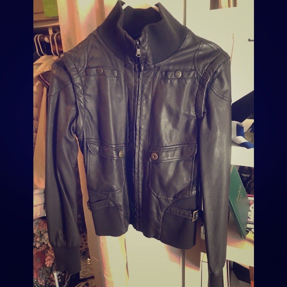 Grey faux leather coat.
